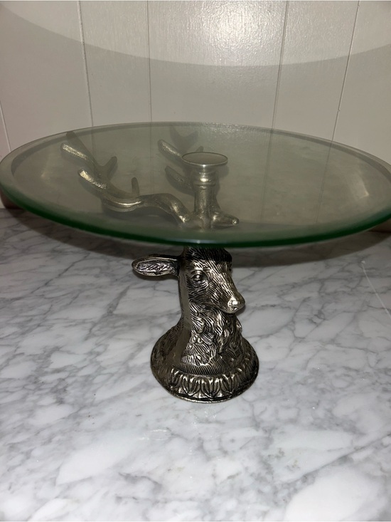Other - Glass Cake Stand with Silver Deer Head Pedestal